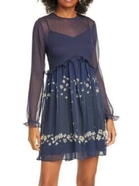 TED BAKER ZEMI Pearl Print Long Sleeves Blue Dress Floral Ruffle Size (3)M